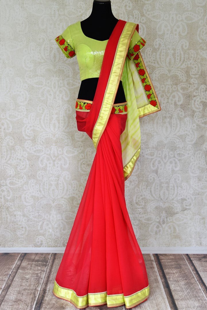 Buy red chiffon saree online in USA with neon green saree blouse. Shop the latest designer saris for weddings and special occasions from Pure Elegance Indian clothing store in USA.-full view