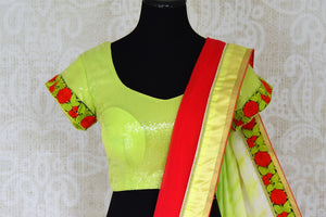 Buy red chiffon saree online in USA with neon green saree blouse. Shop the latest designer saris for weddings and special occasions from Pure Elegance Indian clothing store in USA.-blouse pallu