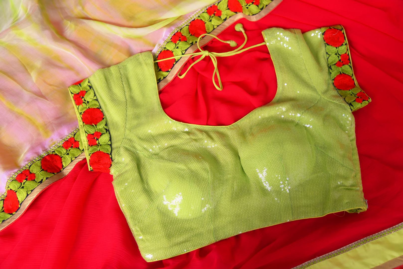 Buy red chiffon saree online in USA with neon green saree blouse. Shop the latest designer saris for weddings and special occasions from Pure Elegance Indian clothing store in USA.-details
