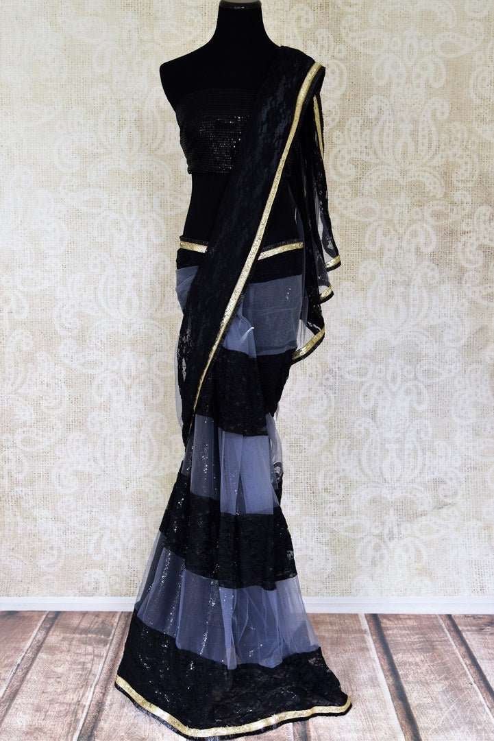 Shop black and grey net designer saree online in USA. Shop beautiful designer sarees for weddings and special occasions from Pure Elegance Indian clothing store in USA.-full view
