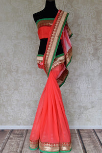 Shop orange crushed tie and dye chiffon sari online in USA with zari patti. Elevate your traditional style with exquisite Indian designer sarees from Pure Elegance Indian clothing store in USA. Explore a range of stunning silk sarees, embroidered sarees, wedding sarees especially from India for women in USA.-full view