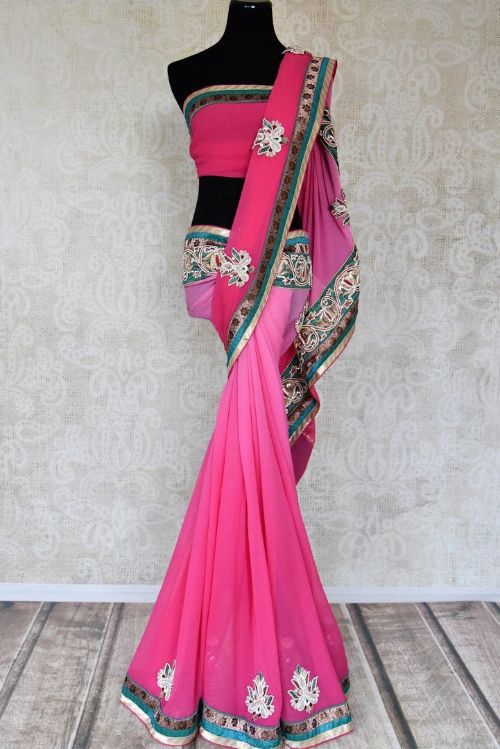 Buy pink embroidered fancy chiffon saree online in USA from Pure Elegance. Let your ethnic style be one of a kind with an exquisite variety of Indian handloom sarees, pure silk sarees, designer sarees from our exclusive fashion store in USA.-full view