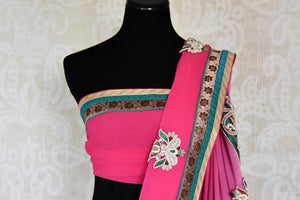 Buy pink embroidered fancy chiffon saree online in USA from Pure Elegance. Let your ethnic style be one of a kind with an exquisite variety of Indian handloom sarees, pure silk sarees, designer sarees from our exclusive fashion store in USA.-blouse pallu