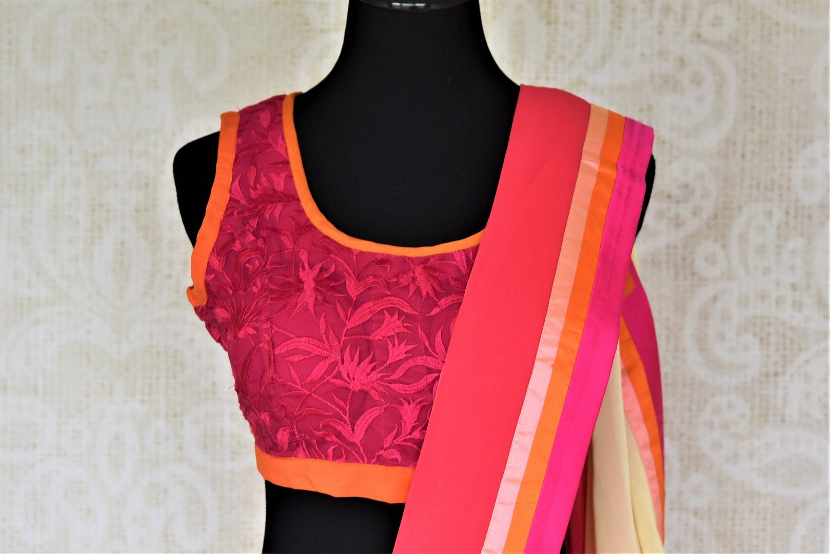 Shop pink white and peach shaded georgette saree online in USA with designer saree blouse. Be the talk of the parties in beautiful designer sarees with blouse, embroidered sarees from Pure Elegance Indian fashion store in USA.-blouse pallu