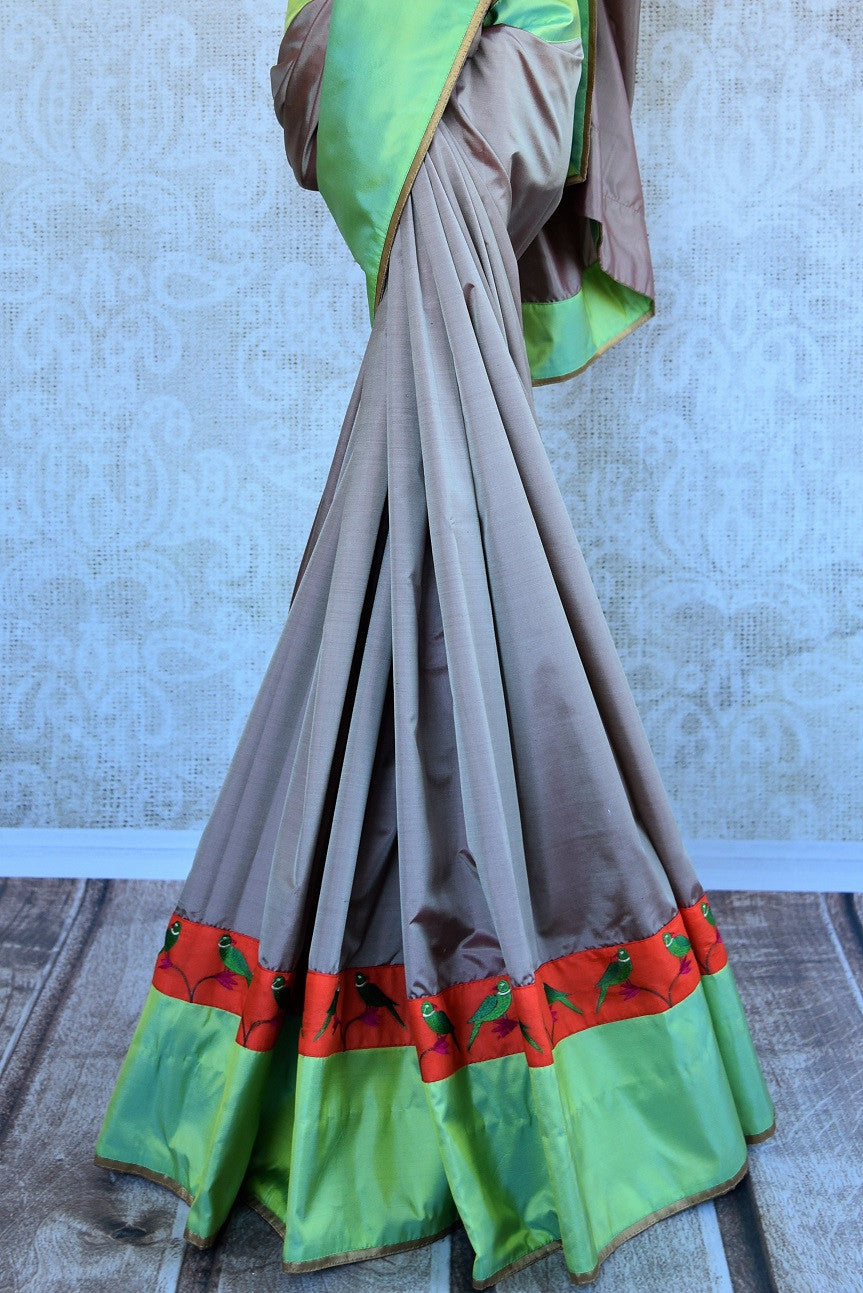 Pure Elegance concept perfect party wear saree - grey body with green pallu and border with thread embroidery and golden blouse piece; buy online or at US stores - embroidered border