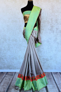 Pure Elegance concept perfect party wear saree - grey body with green pallu and border with thread embroidery and golden blouse piece; buy online or at US stores - full view 