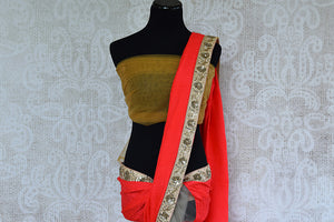 Buy Beige And Red Half n Half Net/Crushed Silk Saree With Zardozi Work-pallu