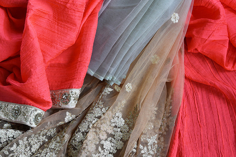Buy Beige And Red Half n Half Net/Crushed Silk Saree With Zardozi Work- close up