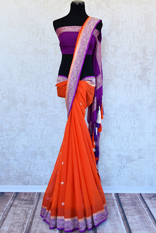Classic color combination of orange and purple in georgette banarasi saree. Perfect sari for festivals.-full view