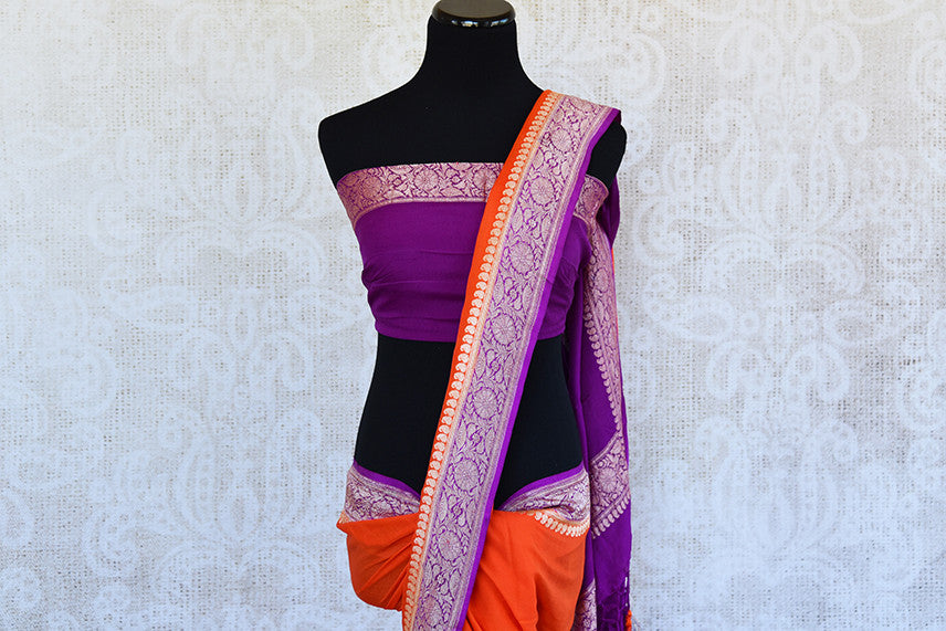 Classic color combination of orange and purple in georgette banarasi saree. Perfect sari for festivals.-pallu