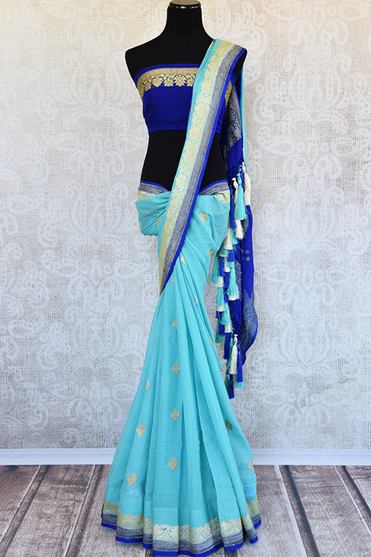 Classic color combination of Light blue and royal blue in georgette banarasi saree. Ideal saree for festivals, pujas.- Full view