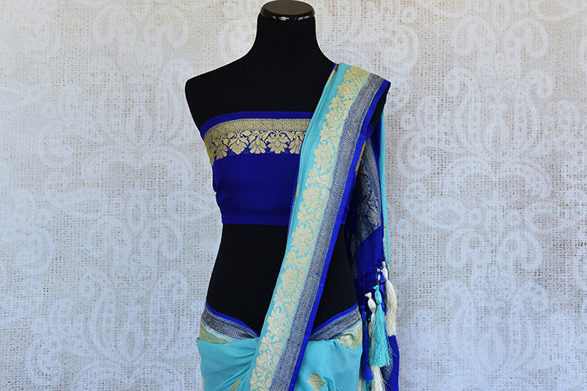 Classic color combination of Light blue and royal blue in georgette banarasi saree. Ideal saree for festivals, pujas.-pallu and blouse
