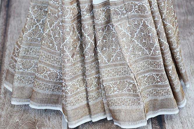 White muga banarasi pure handloom saree. Ethnic saree perfect for Indian pujas, festivals and in weddings.-banarasi weave