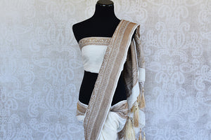 White muga banarasi pure handloom saree. Ethnic saree perfect for Indian pujas, festivals and in weddings.-pallu and blouse