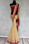 Beige and red chiffon banarasi saree. Traditional as well modern sari perfect for Indian wedding and reception.-full view