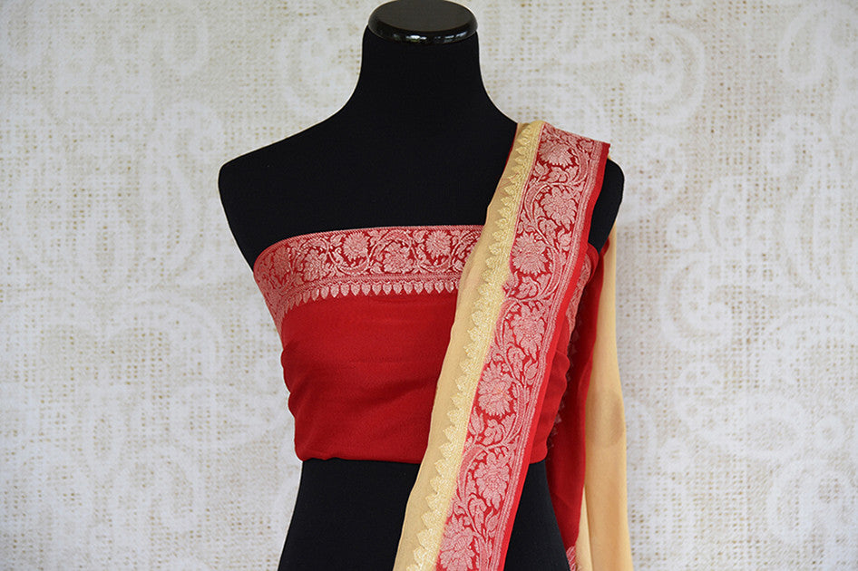 Beige and red chiffon banarasi saree. Traditional as well modern sari perfect for Indian wedding and reception.- pallu and blouse