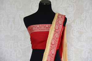 Beige and red chiffon banarasi saree. Traditional as well modern sari perfect for Indian wedding and reception.- pallu and blouse