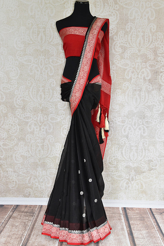 Black georgette chiffon saree with red banarasi border and pallu. Modern saree with ethnic look.-full view