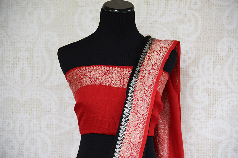 Black georgette chiffon saree with red banarasi border and pallu. Modern saree with ethnic look.-pallu with blouse