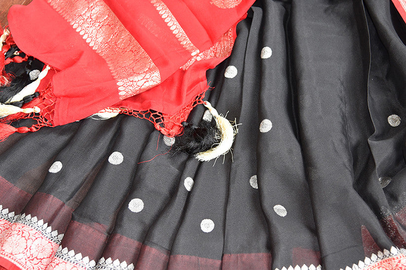 Black georgette chiffon saree with red banarasi border and pallu. Modern saree with ethnic look.-close up