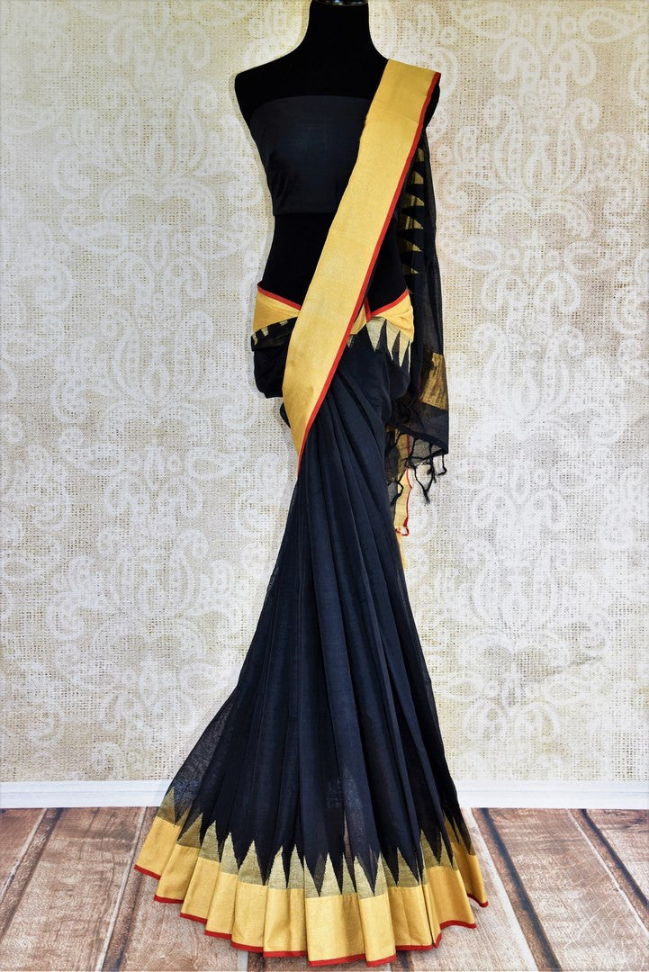 Pure Elegance store brings exclusive range of woven Indian khaddi silk sarees online for every occasion. Buy classy black khaddi silk sari online in USA with gold border.-full view