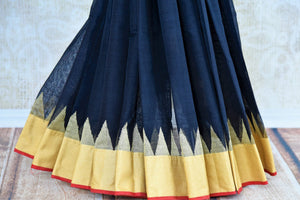 Pure Elegance store brings exclusive range of woven Indian khaddi silk sarees online for every occasion. Buy classy black khaddi silk sari online in USA with gold border.-pleats