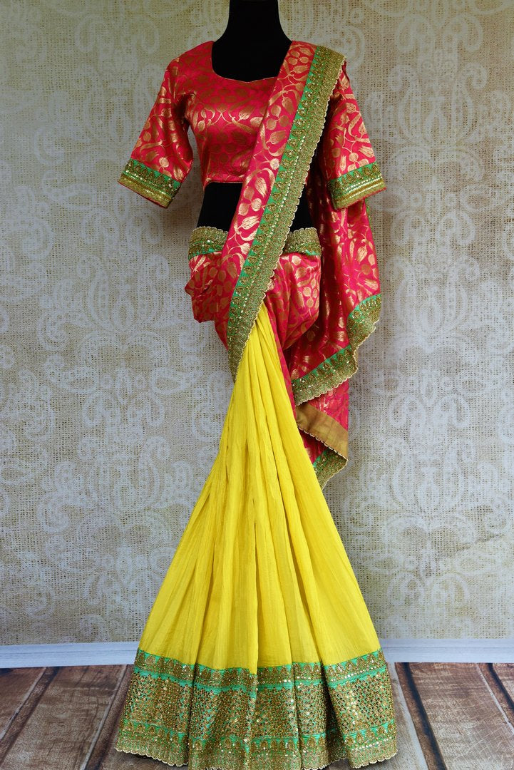Buy yellow and pink half Banarasi and half silk embroidered sari online in USA with blouse.  Our fashion store brings a beautiful range of Indian designer saris in USA.-full view