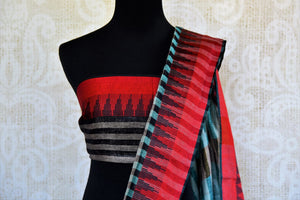 Buy green and black checker embroidered linen saree online in USA. Pure Elegance clothing store brings an exquisite range of Indian woven linen sarees online in USA.-blouse pallu