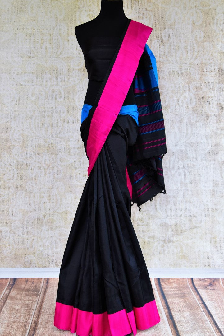 Buy plain black kanchipuram silk saree online in USA. Pure Elegance clothing store brings an exquisite variety of Indian South silk sarees for weddings in USA. Shop online.-full view