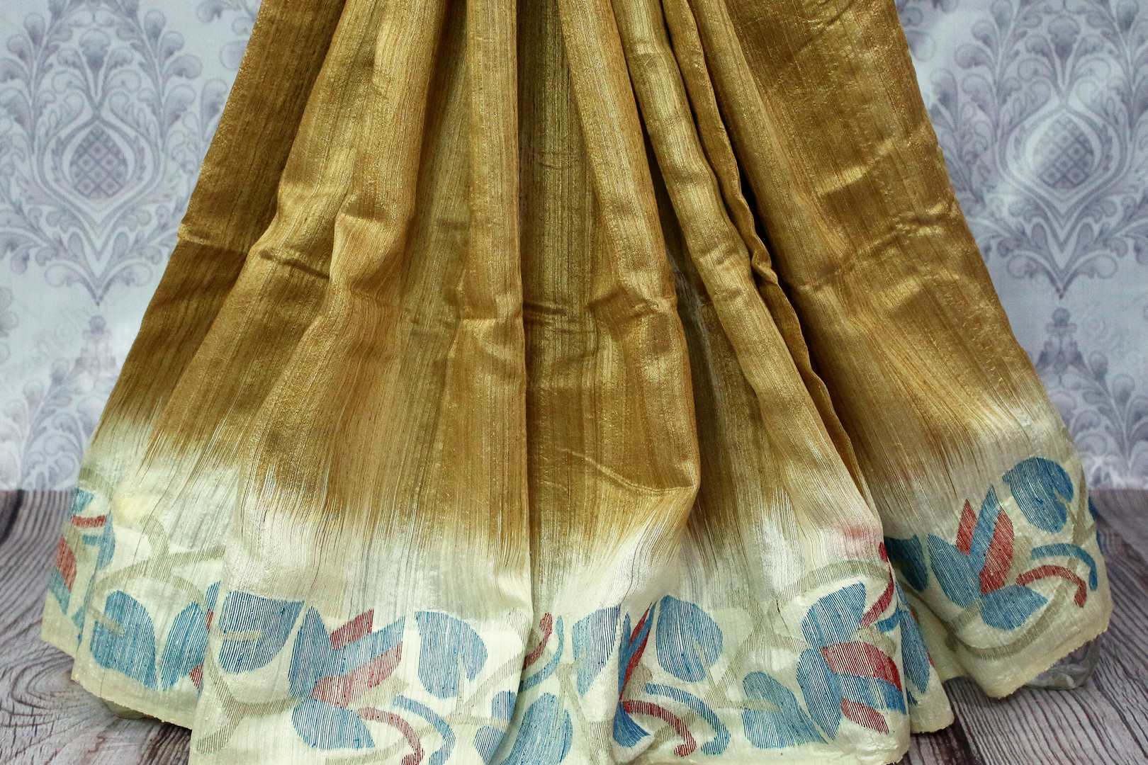 Buy golden beige matka silk saree online in USA. Pure Elegance fashion store brings a stunning range of traditional Indian Matka silk saris for weddings and parties in USA.-pleats
