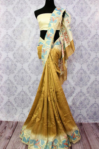 Buy golden beige matka silk saree online in USA. Pure Elegance fashion store brings a stunning range of traditional Indian Matka silk saris for weddings and parties in USA.-full view