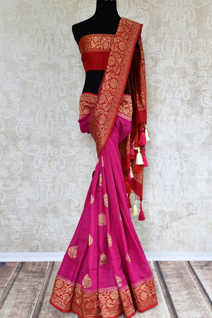 Buy bright pink muga Banarasi saree online in USA. Pure Elegance clothing store brings an exquisite variety of Indian woven Banarasi sarees for online shopping in USA. -full view