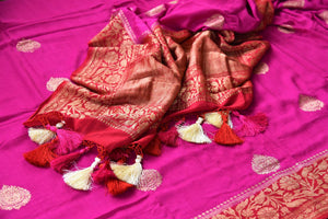 Buy bright pink muga Banarasi saree online in USA. Pure Elegance clothing store brings an exquisite variety of Indian woven Banarasi sarees for online shopping in USA. -details