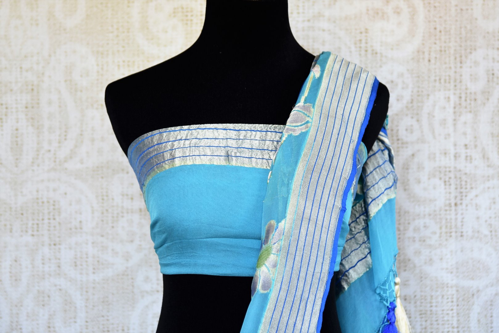 Buy turquoise blue georgette Banarasi saree online in USA. Pure Elegance store brings an exquisite range of Indian Banarasi georgette sarees in USA for women. Shop online.-blouse pallu