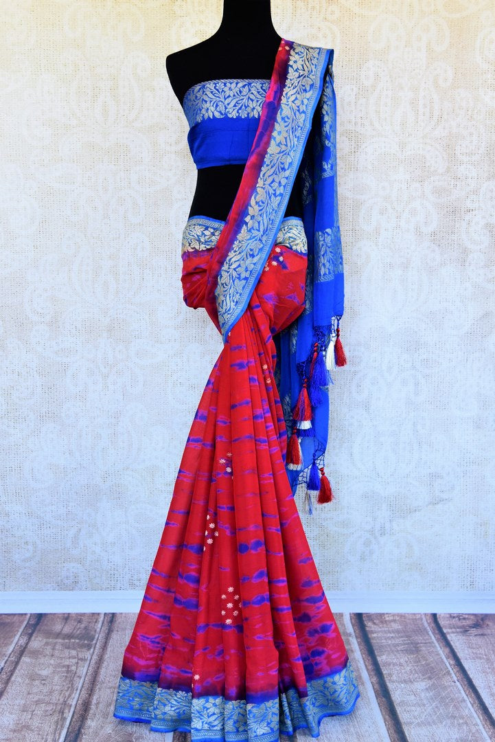 Buy red and blue georgette Banarasi sari online in USA. Pure Elegance store brings an exquisite collection of Indian Banarasi sarees for online shopping in USA. -full view
