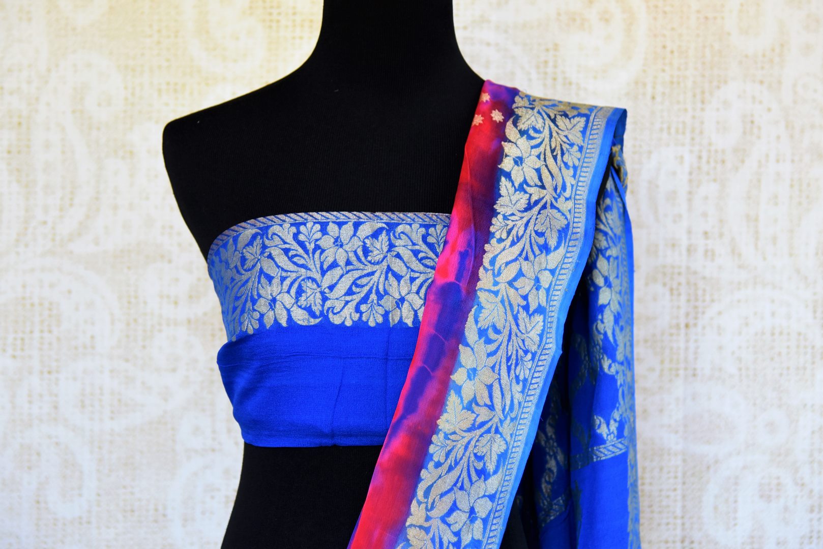 Buy red and blue georgette Banarasi sari online in USA. Pure Elegance store brings an exquisite collection of Indian Banarasi sarees for online shopping in USA. -blouse pallu