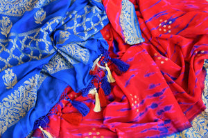 Buy red and blue georgette Banarasi sari online in USA. Pure Elegance store brings an exquisite collection of Indian Banarasi sarees for online shopping in USA. -details