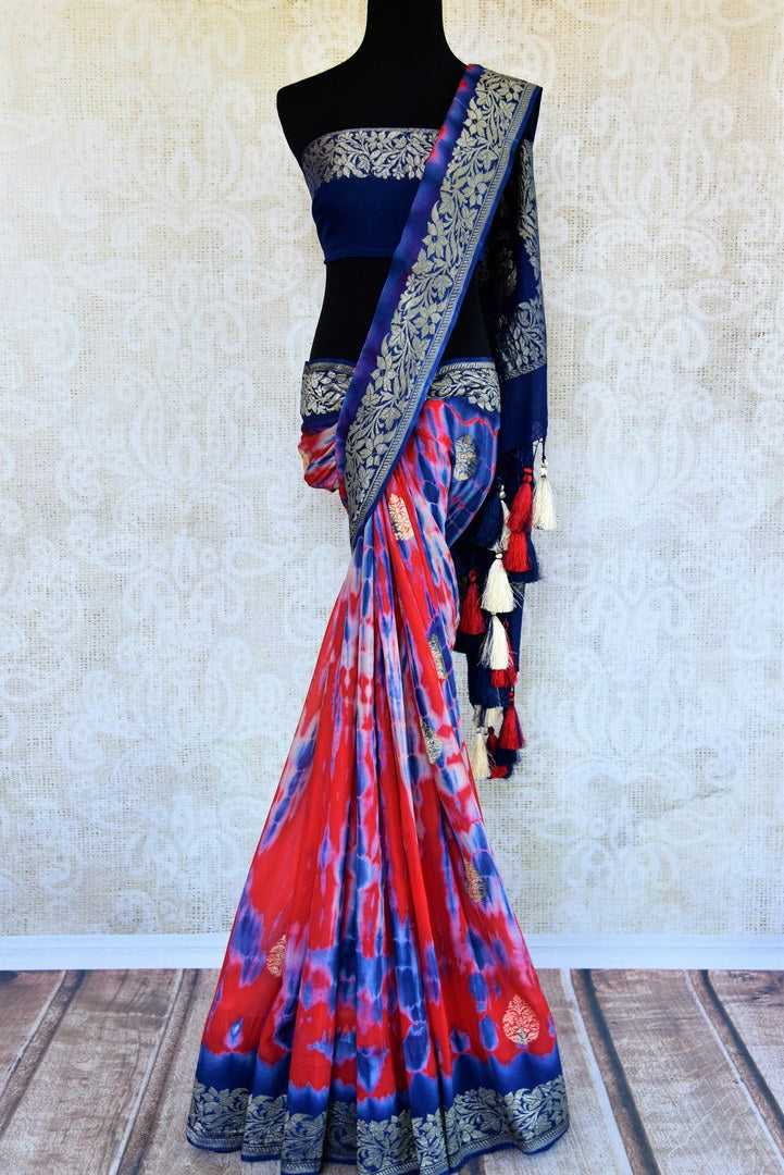 Buy red and blue marble dye georgette Banarasi sari online in USA. Pure Elegance store brings an exquisite range of Indian Banarasi sarees for online shopping in USA. -full view