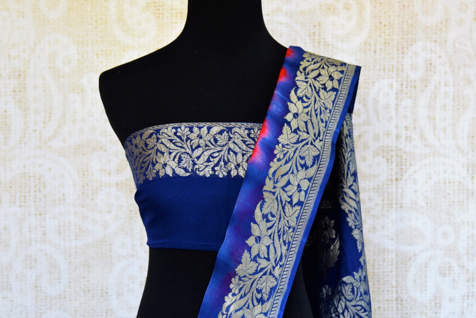 Buy red and blue marble dye georgette Banarasi sari online in USA. Pure Elegance store brings an exquisite range of Indian Banarasi sarees for online shopping in USA. -blouse pallu