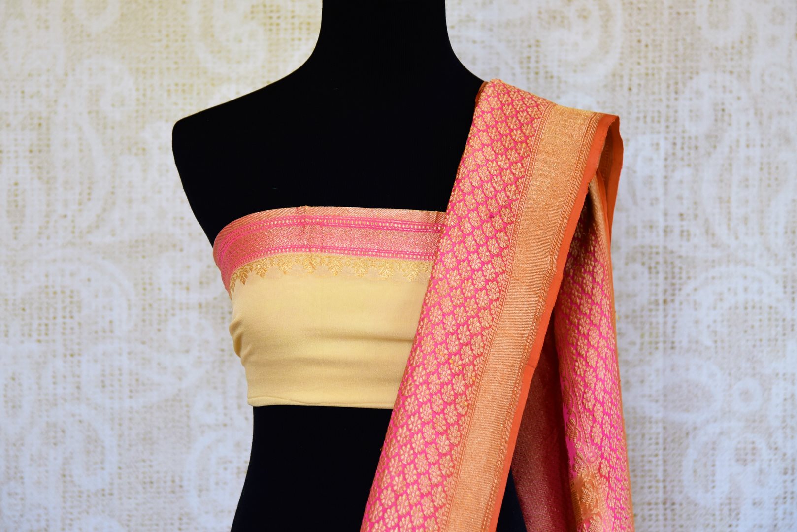 Buy cream georgette Banarasi sari with pink border online in USA. Pure Elegance store brings an exquisite range of Indian Banarasi sarees for online shopping in USA. -blouse pallu