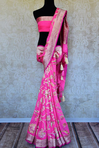 Buy pink georgette Banarasi saree online in USA. Pure Elegance store brings an exquisite range of Indian Banarasi georgette sarees for online shopping in USA. Shop online.-full view