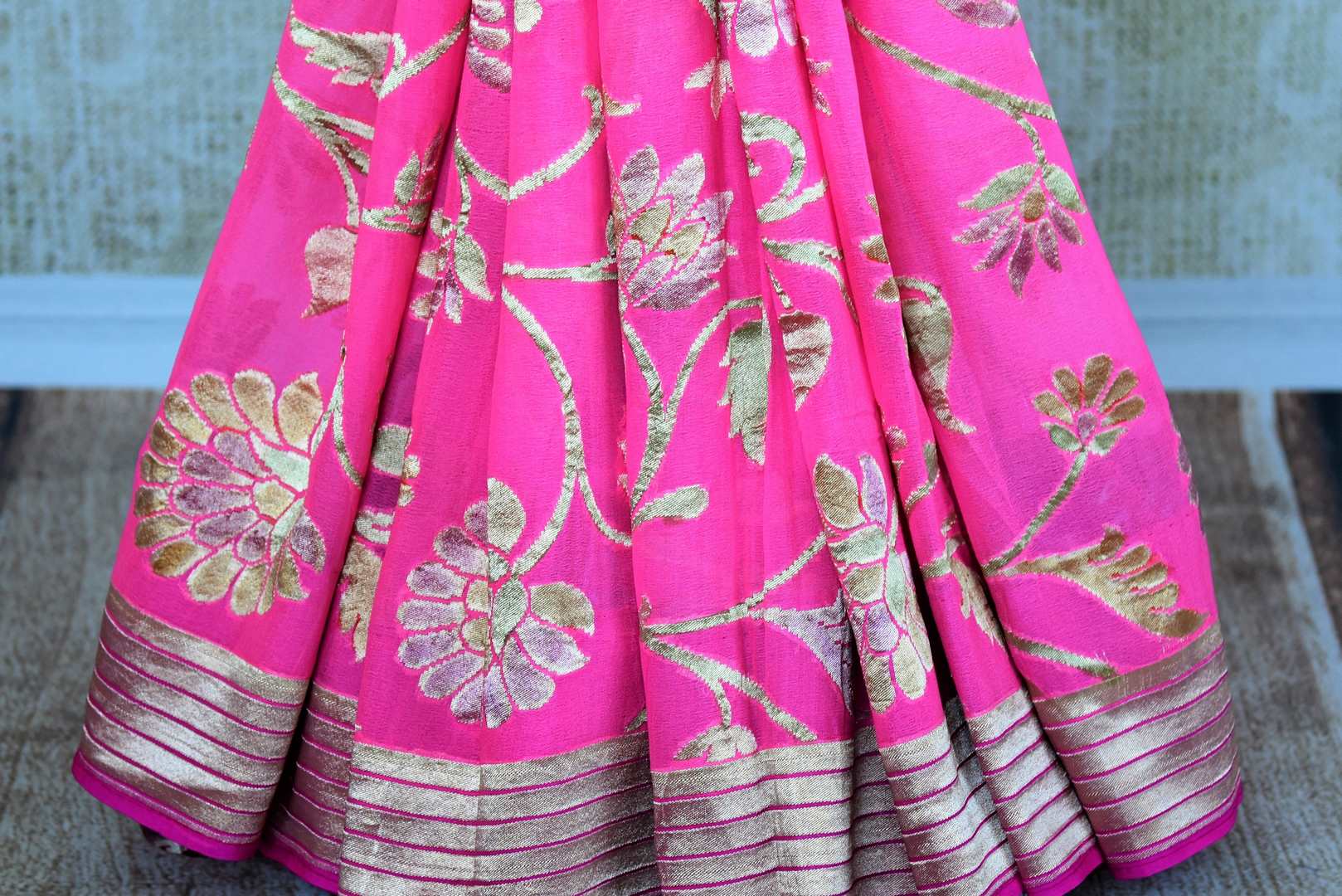 Buy pink georgette Banarasi saree online in USA. Pure Elegance store brings an exquisite range of Indian Banarasi georgette sarees for online shopping in USA. Shop online.-pleats