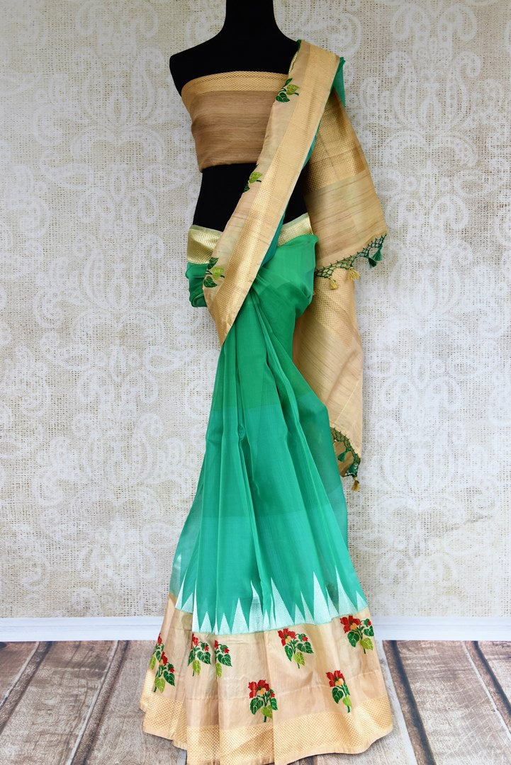 Buy green resham work kora silk sari online in USA. Pure Elegance clothing store brings an exquisite range of Indian woven silk sarees in USA for women. Shop online.-full view