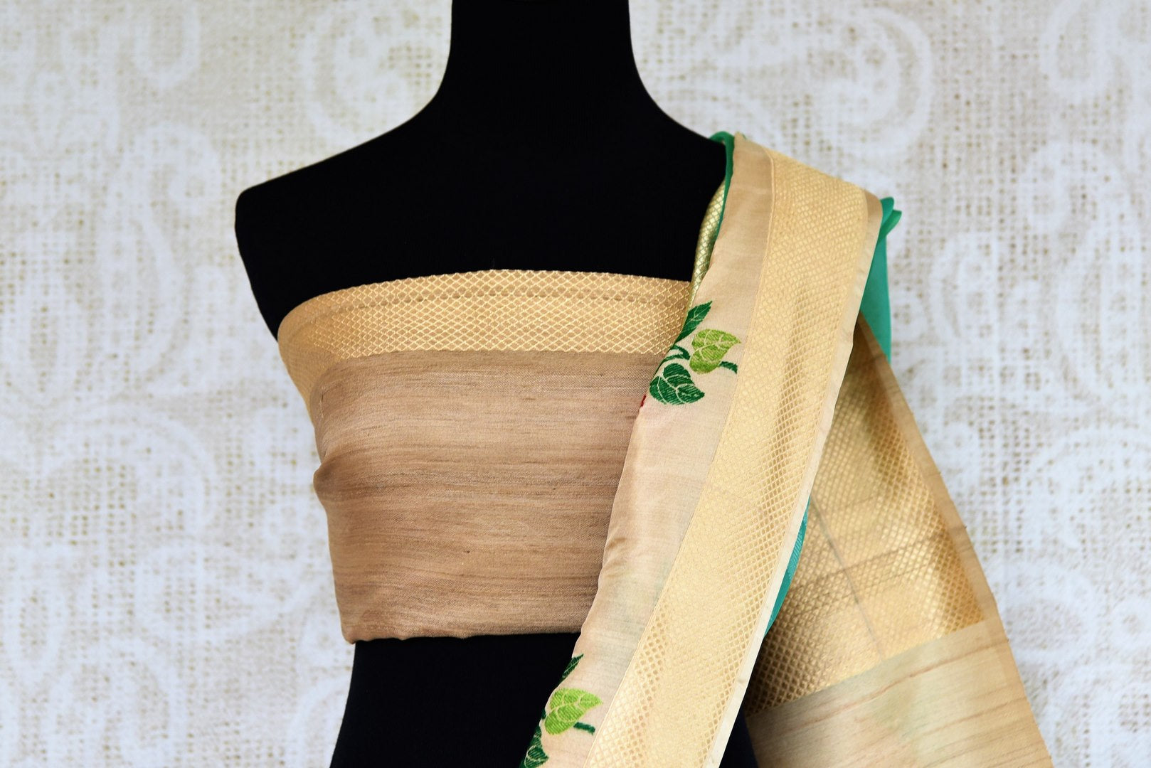 Buy green resham work kora silk sari online in USA. Pure Elegance clothing store brings an exquisite range of Indian woven silk sarees in USA for women. Shop online.-blouse pallu