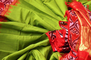 Buy green eri silk saree online in USA with red border. Pure Elegance clothing store brings an exquisite range of Indian silk sarees in USA for women. Shop online.-details