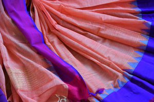 Buy pink ikat khaddi sari online in USA with blue border. Pure Elegance clothing store brings an alluring collection of ethnic Indian ikkat saris in USA for women. -details