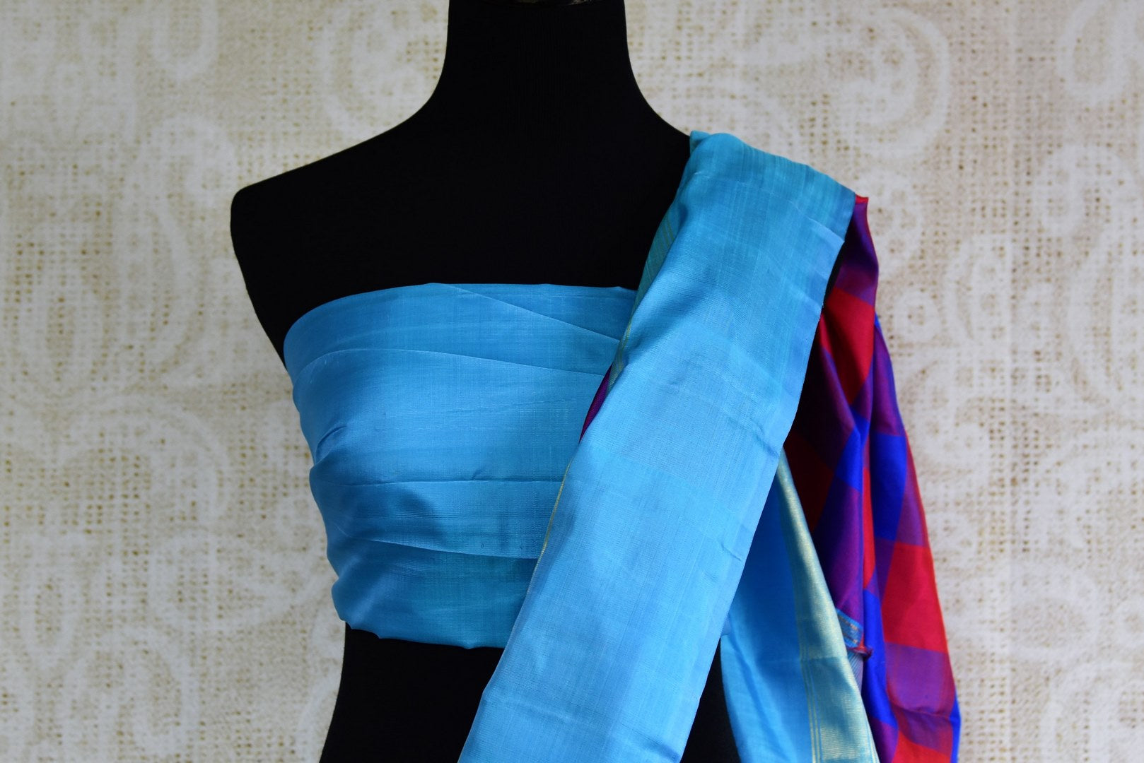 Buy pink and blue checker Kanjeevaram silk saree online in USA. Explore a range of exquisite Indian Kanchipuram silk sarees in USA at Pure Elegance fashion store or shop online. -blouse pallu