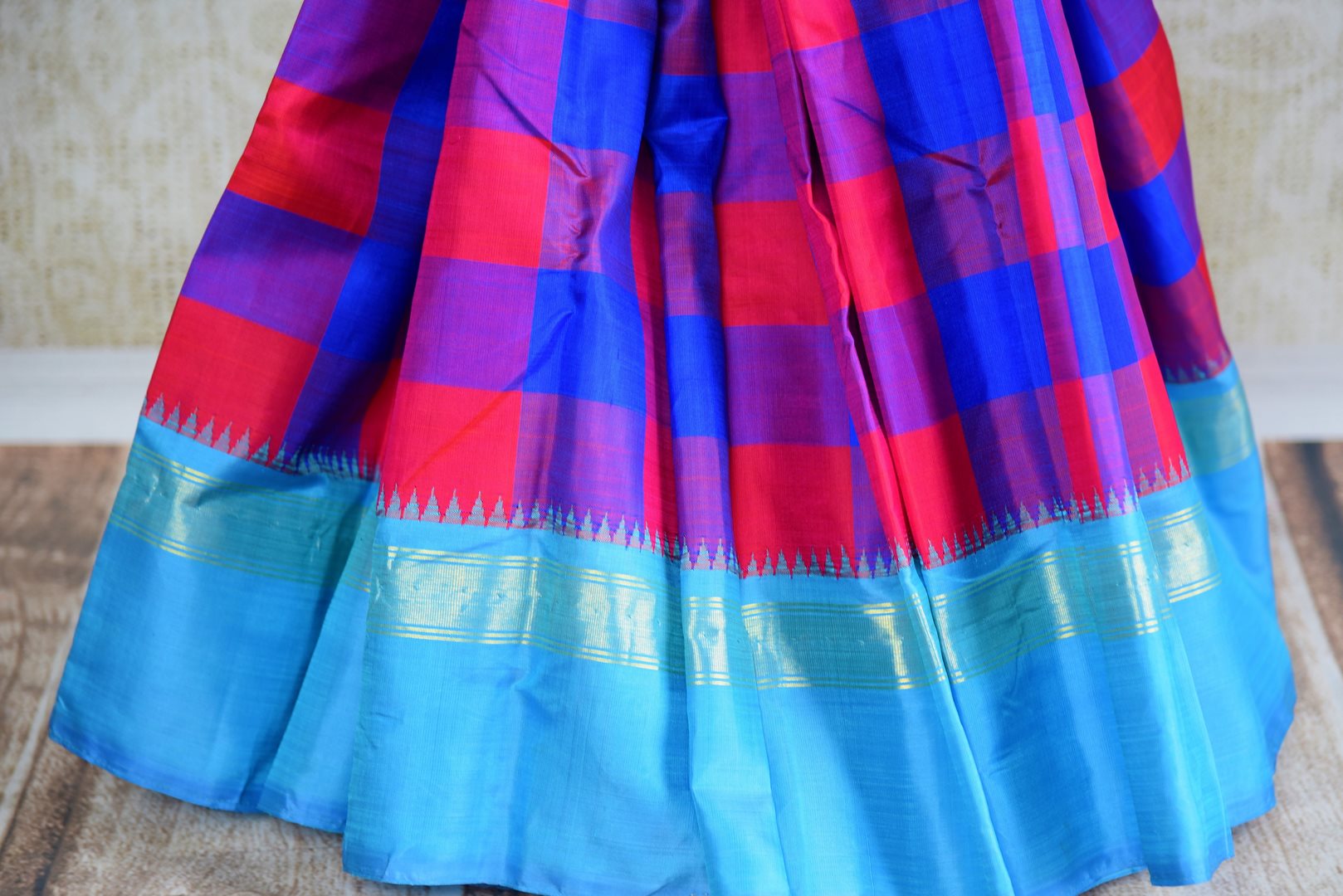Buy pink and blue checker Kanjeevaram silk saree online in USA. Explore a range of exquisite Indian Kanchipuram silk sarees in USA at Pure Elegance fashion store or shop online. -pleats