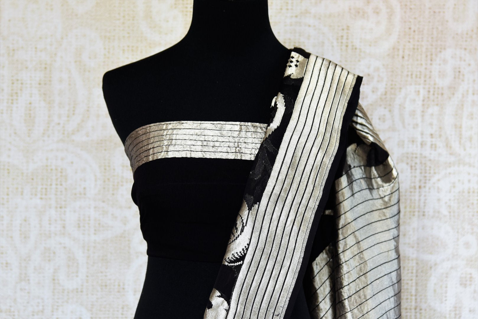 Buy black georgette Banarasi saree online in USA. Pure Elegance clothing store brings an exclusive range of traditional Indian Banarasi sarees in USA for women.-blouse pallu