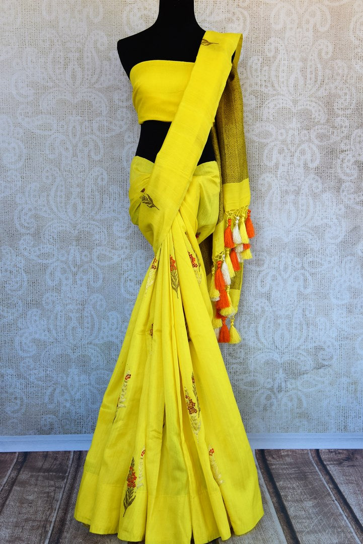 Buy bright yellow muga Banarasi saree online in USA. Pure Elegance clothing store brings an exclusive range of traditional Indian Benarasi sarees in USA for women.-full view
